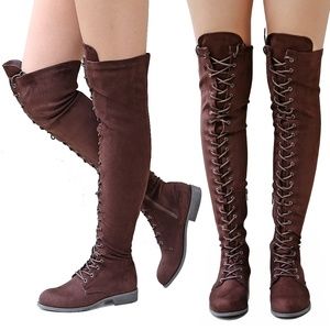 New Brown Over the Knee Lace Up Combat Boots